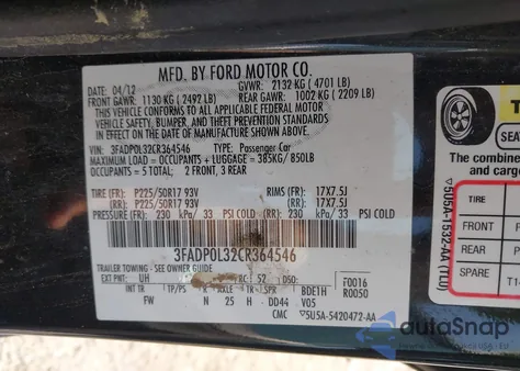 2012 Ford Fusion Hybrid z USA, uszkodzony, nr VIN 3FADP0L32CR364546